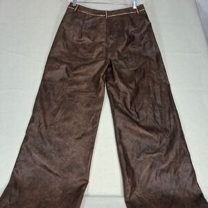 Anewsta Faux Leather Pants‎ Womens XL Brown Distressed Wide Leg High Rise NWT
